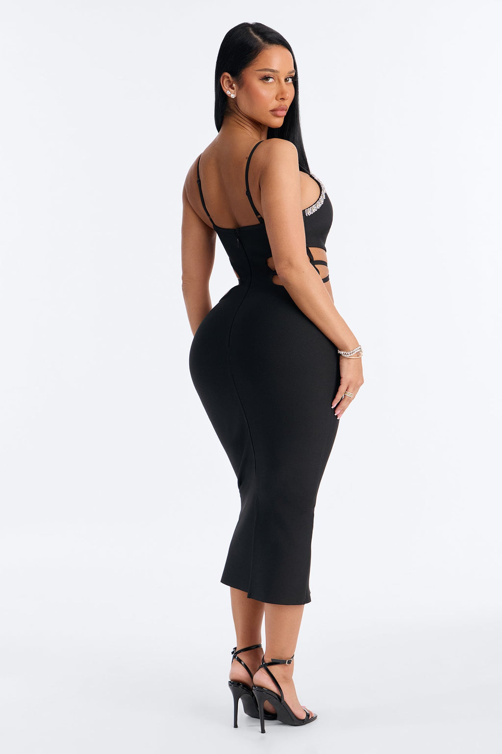 Diamond Girl Cutout Rhinestone Bandage Midi Dress - Black