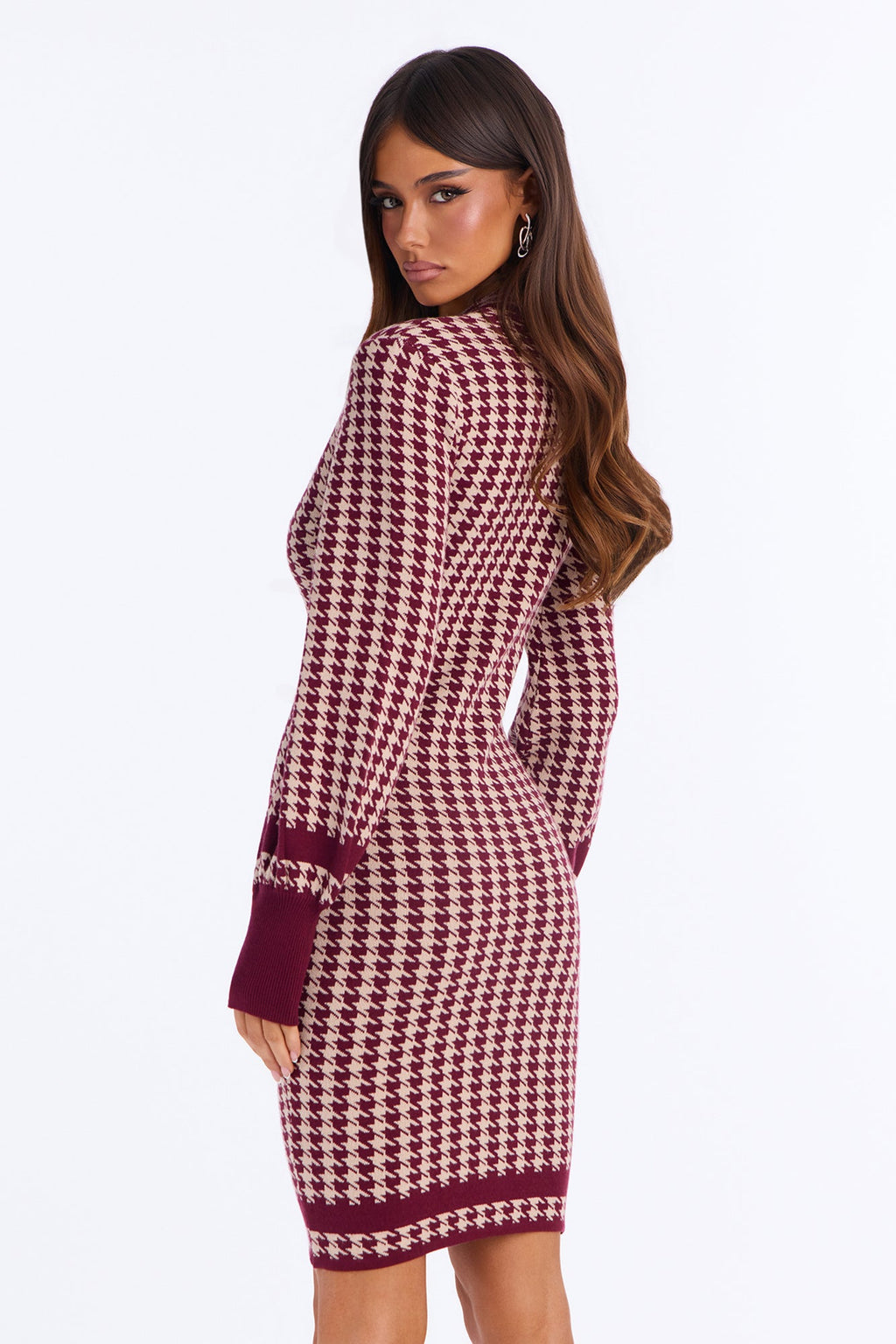 Donyai Houndstooth Sweater Midi Dress - Burgundy/combo