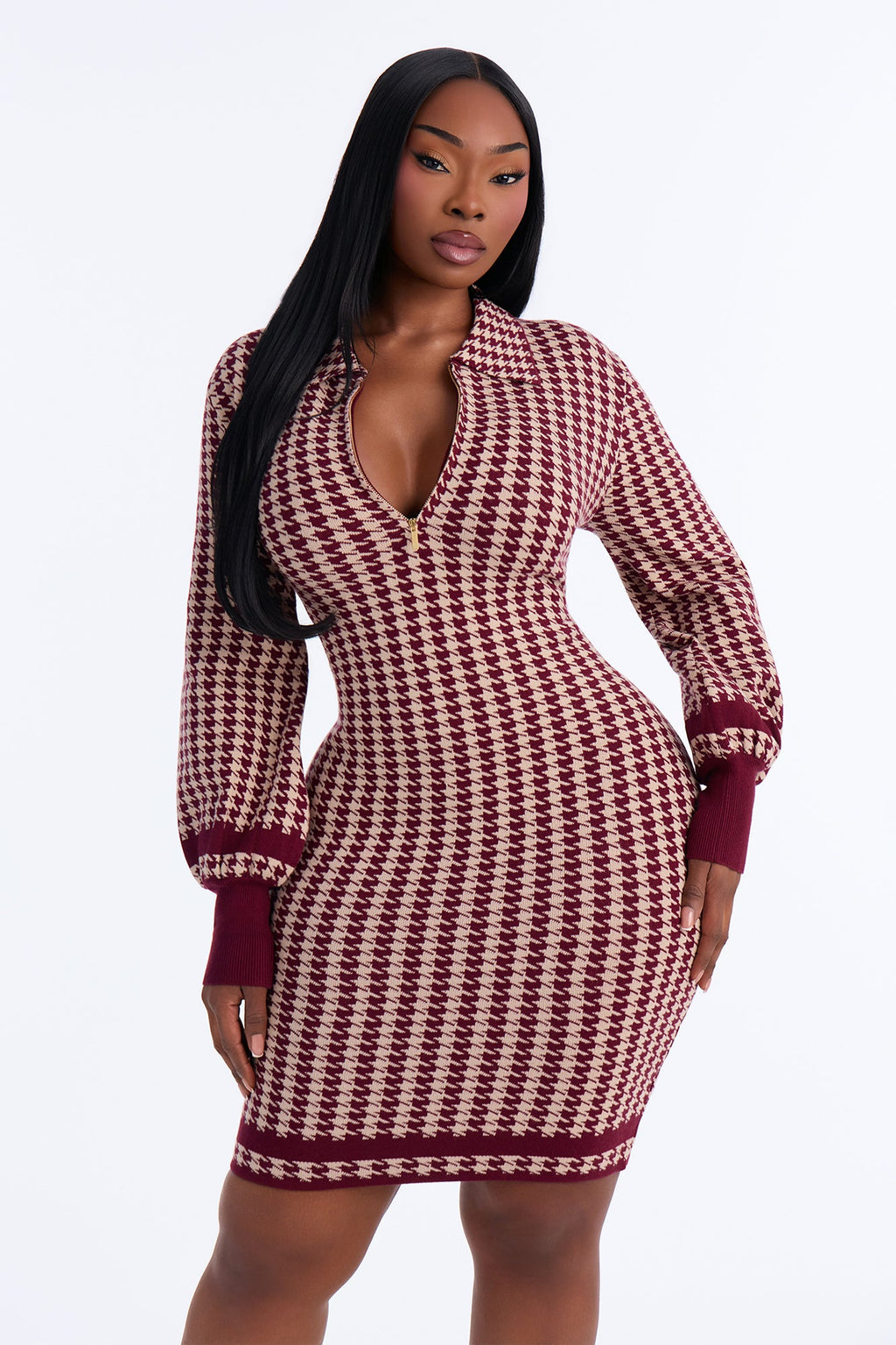 Donyai Houndstooth Sweater Midi Dress - Burgundy/combo