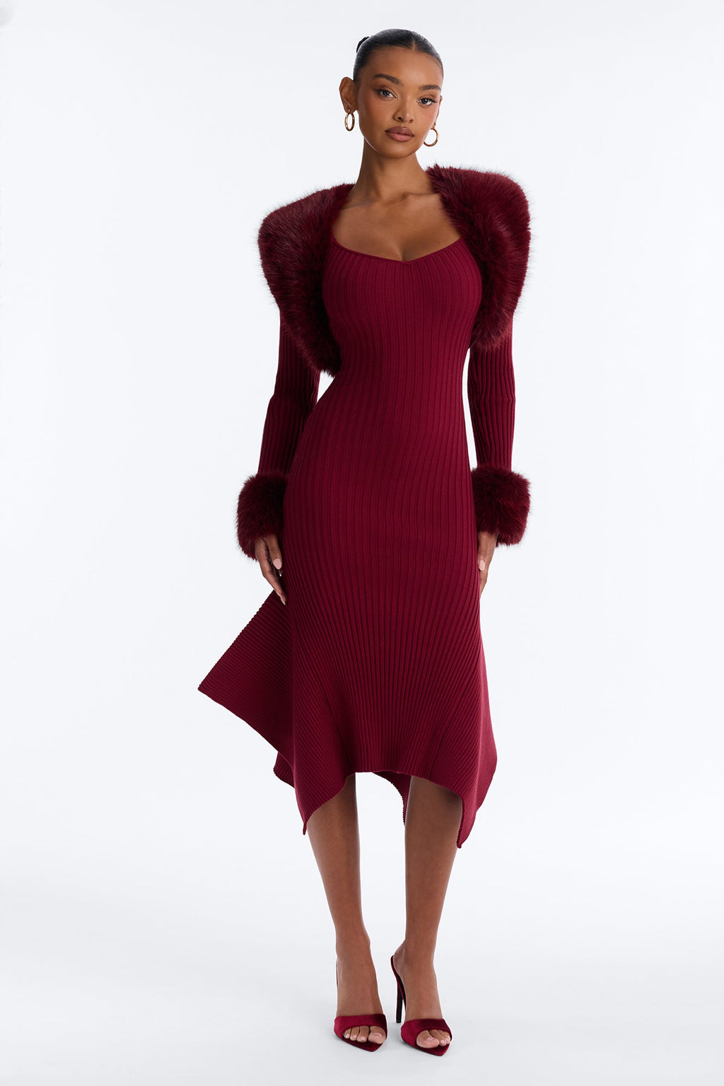 Rare Catch Fur Cardigan Sweater Midi Dress Set - Burgundy