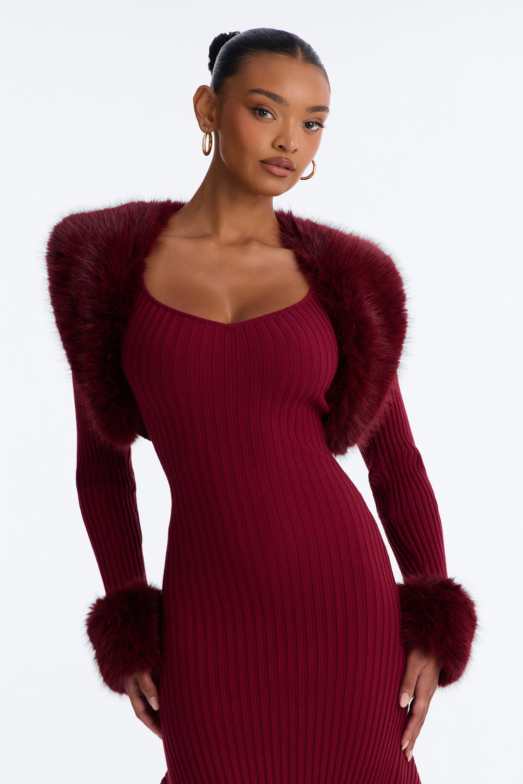 Rare Catch Fur Cardigan Sweater Midi Dress Set - Burgundy