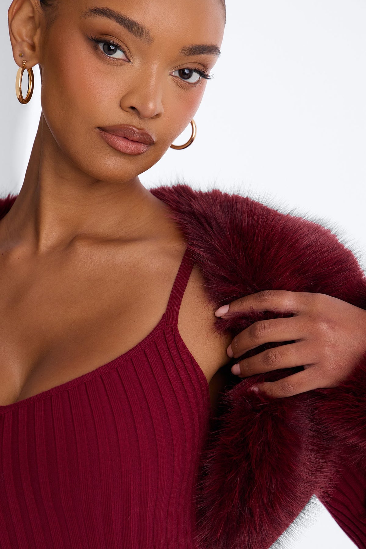 Rare Catch Fur Cardigan Sweater Midi Dress Set - Burgundy