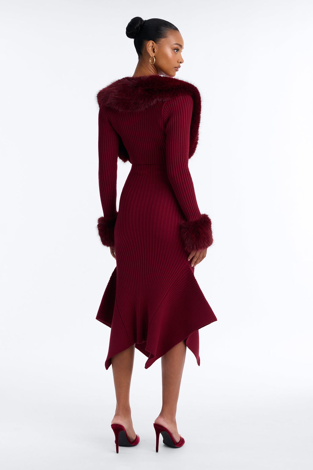 Rare Catch Fur Cardigan Sweater Midi Dress Set - Burgundy