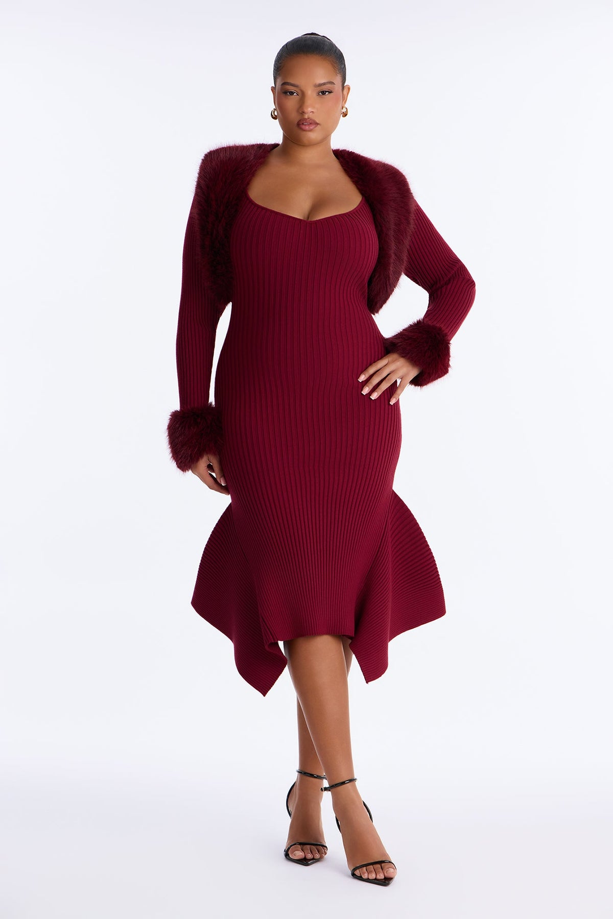 Rare Catch Fur Cardigan Sweater Midi Dress Set - Burgundy