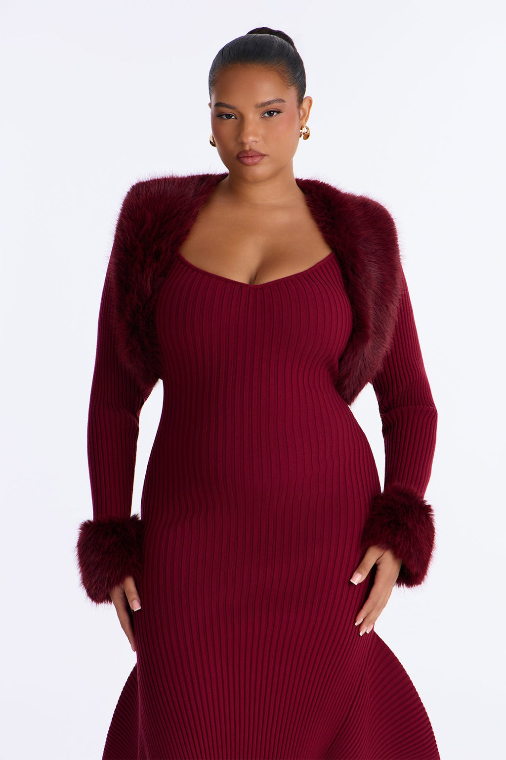 Rare Catch Fur Cardigan Sweater Midi Dress Set - Burgundy