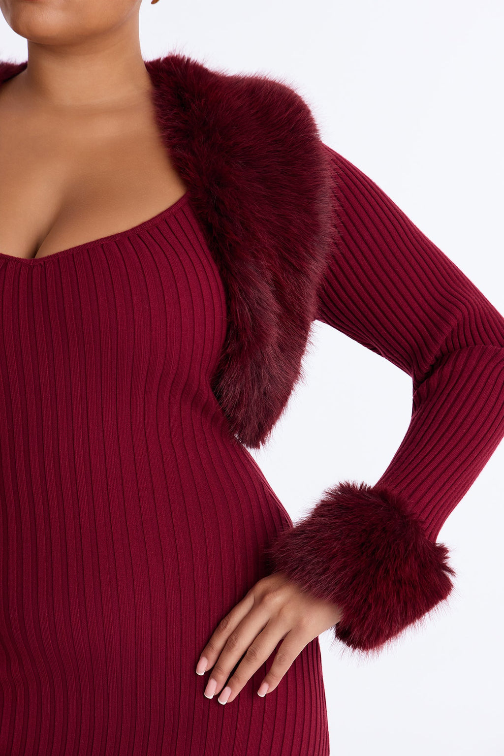 Rare Catch Fur Cardigan Sweater Midi Dress Set - Burgundy