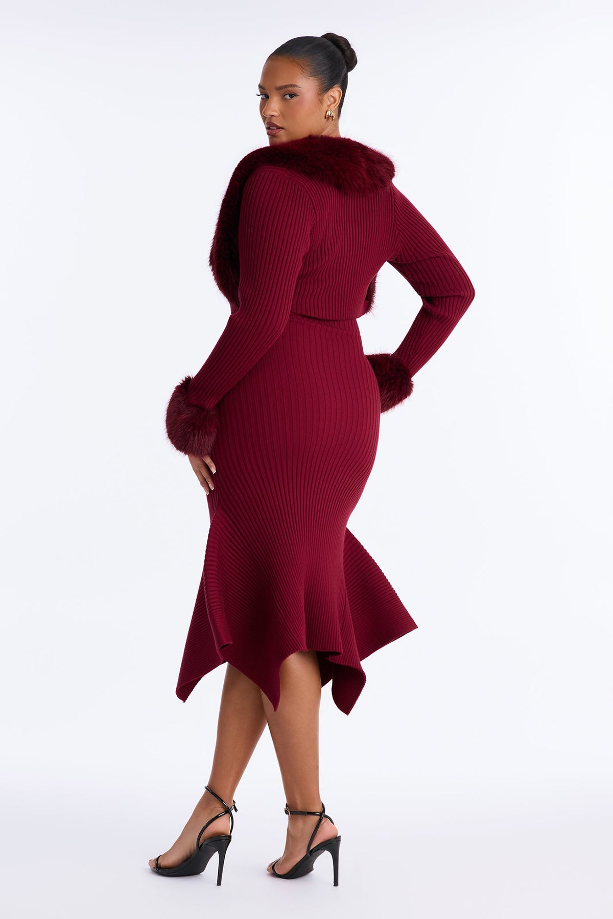 Rare Catch Fur Cardigan Sweater Midi Dress Set - Burgundy