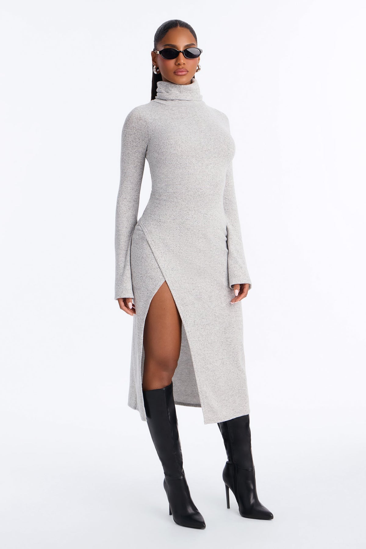 Melanie Long Sleeve Hacci Midi Dress - Heather Grey
