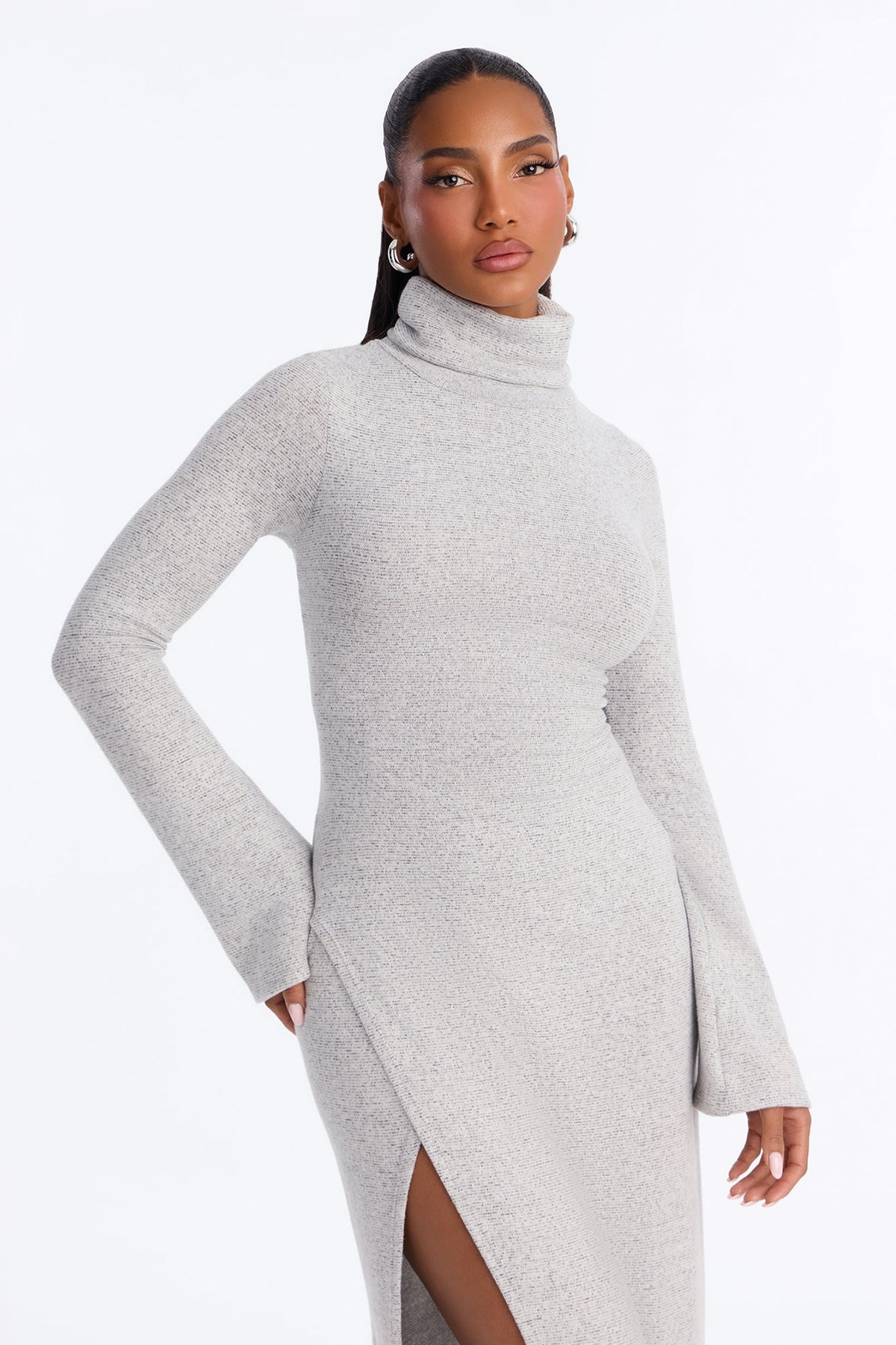 Melanie Long Sleeve Hacci Midi Dress - Heather Grey