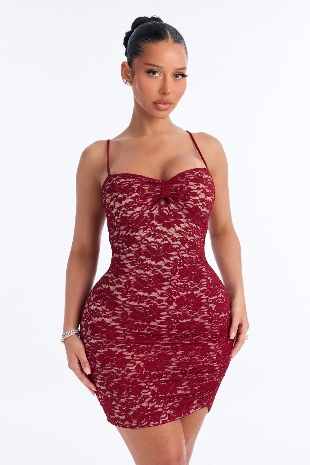Cherry Gloss Ruched Lace Mini Dress - Burgundy