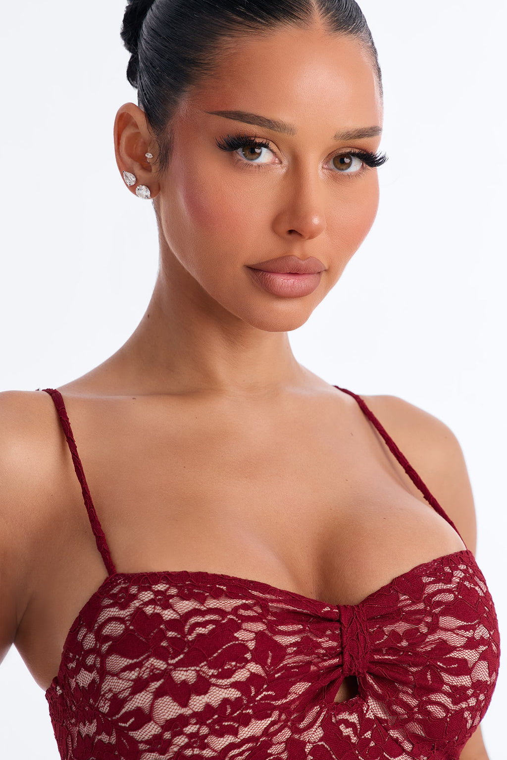 Cherry Gloss Ruched Lace Mini Dress - Burgundy