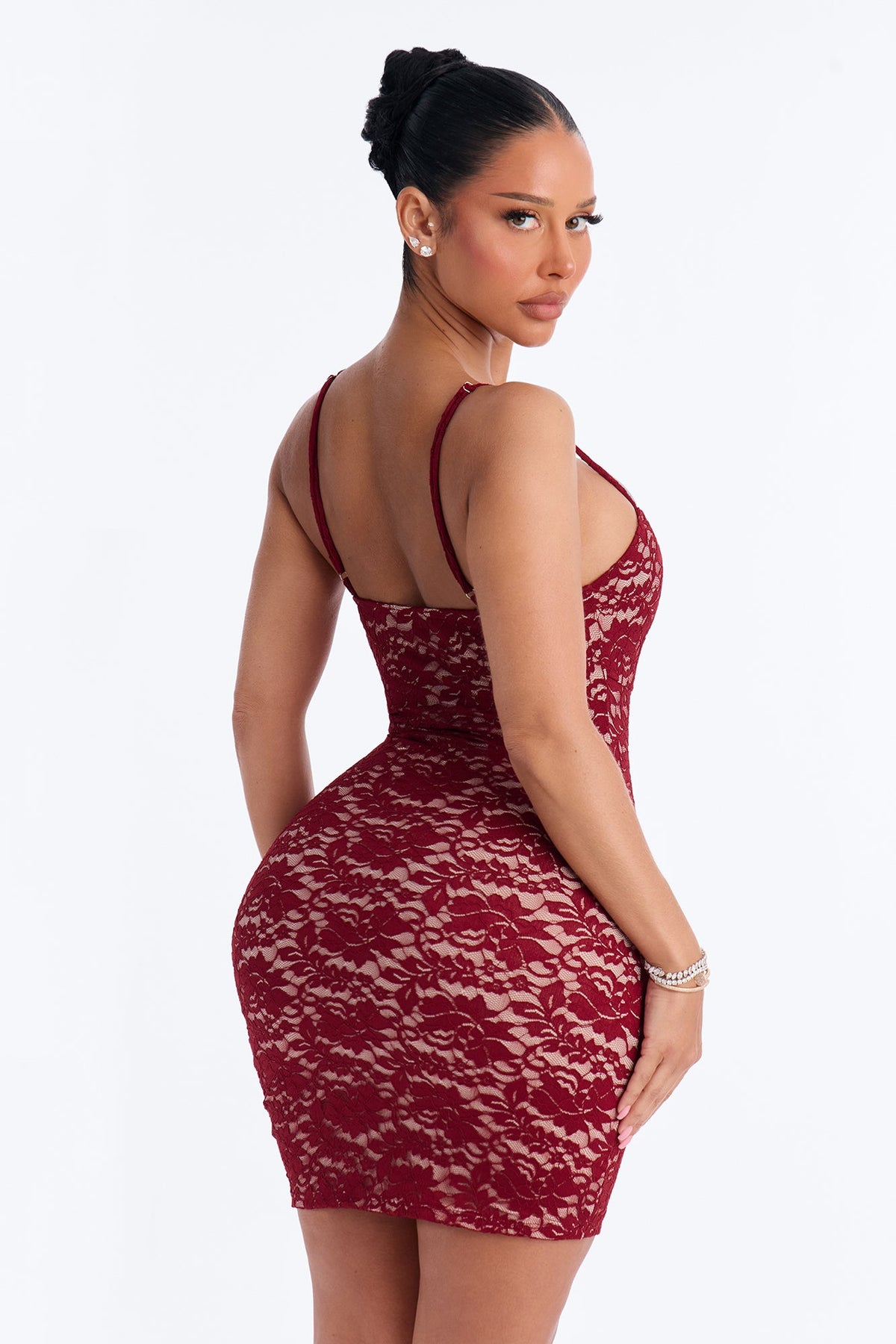 Cherry Gloss Ruched Lace Mini Dress - Burgundy