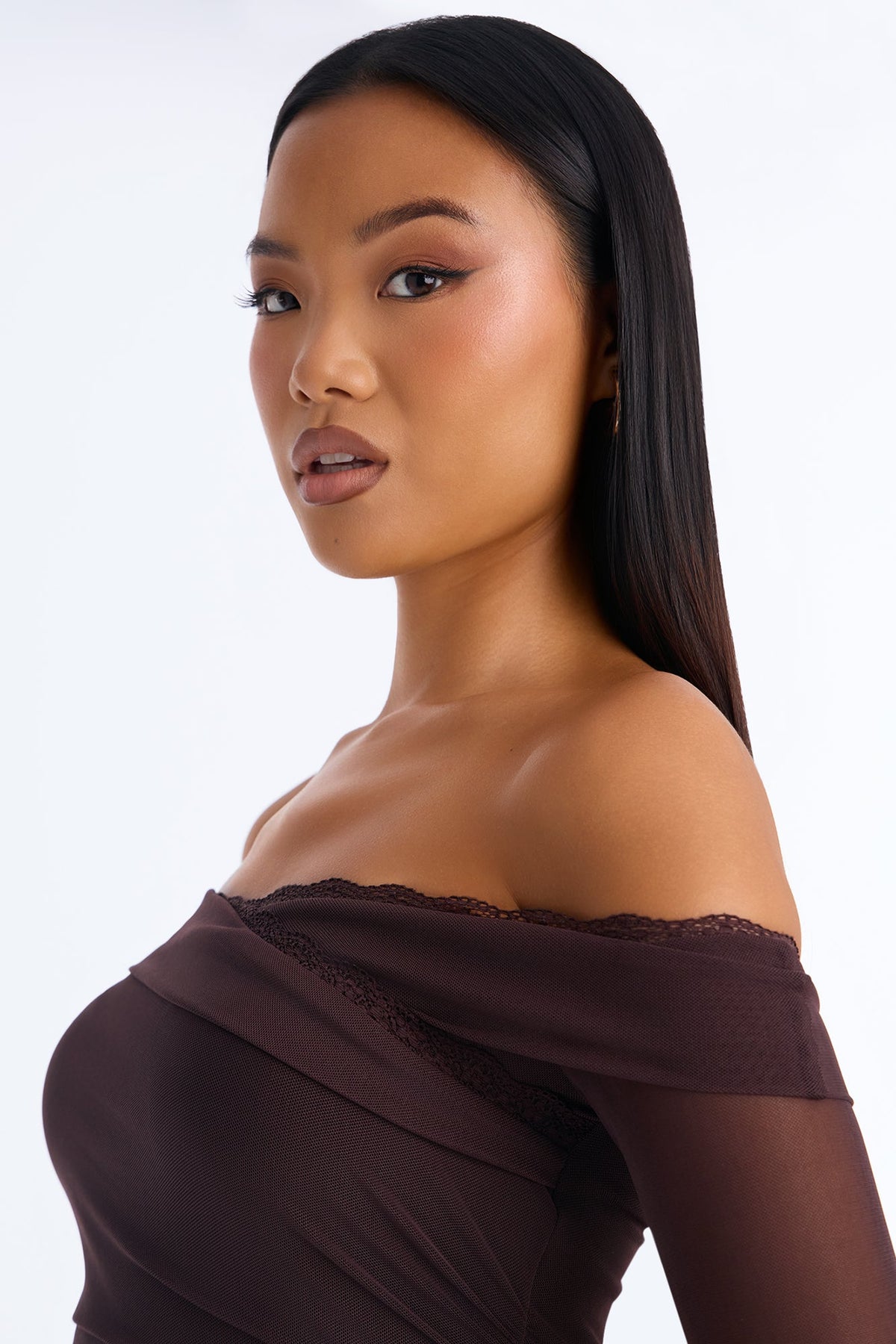 Athena Asymmetrical Mesh Mini Dress - Chocolate
