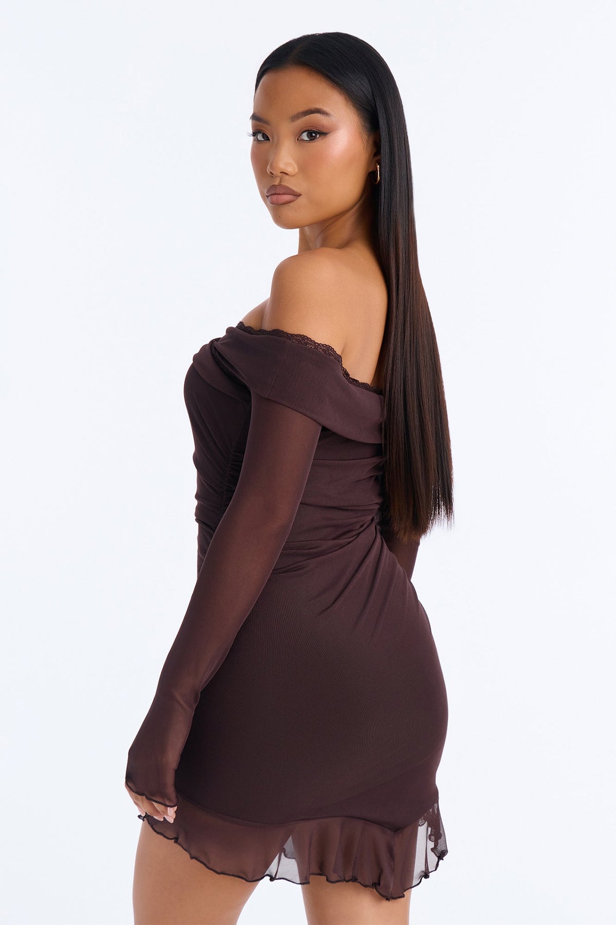 Athena Asymmetrical Mesh Mini Dress - Chocolate