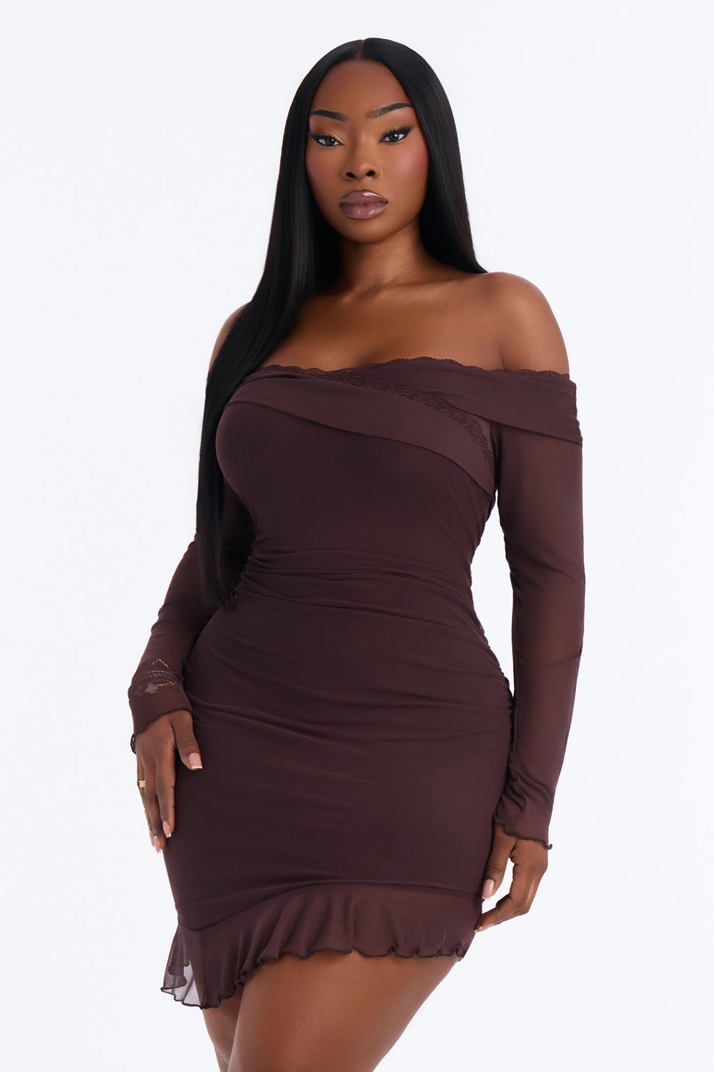 Athena Asymmetrical Mesh Mini Dress - Chocolate