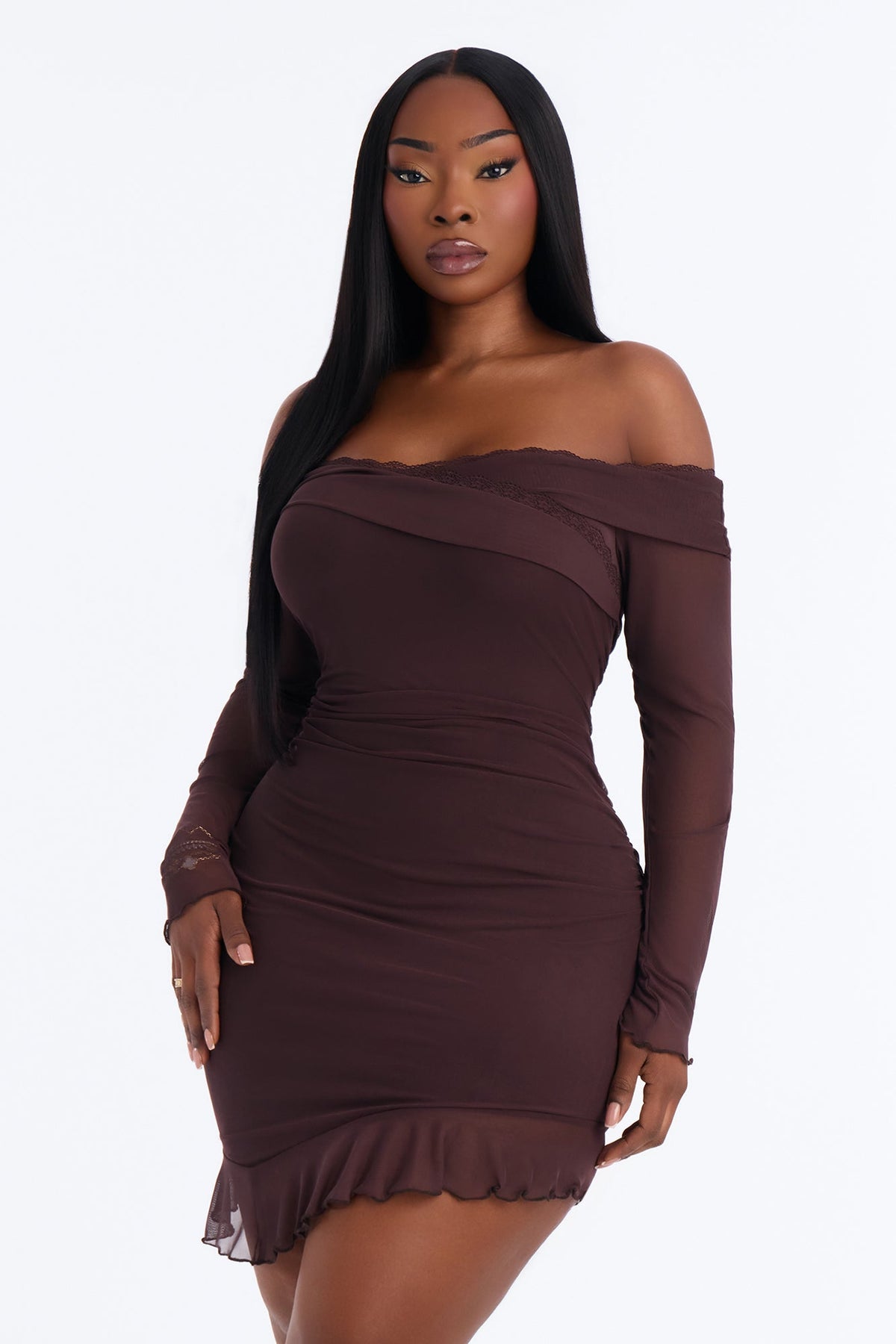 Athena Asymmetrical Mesh Mini Dress - Chocolate
