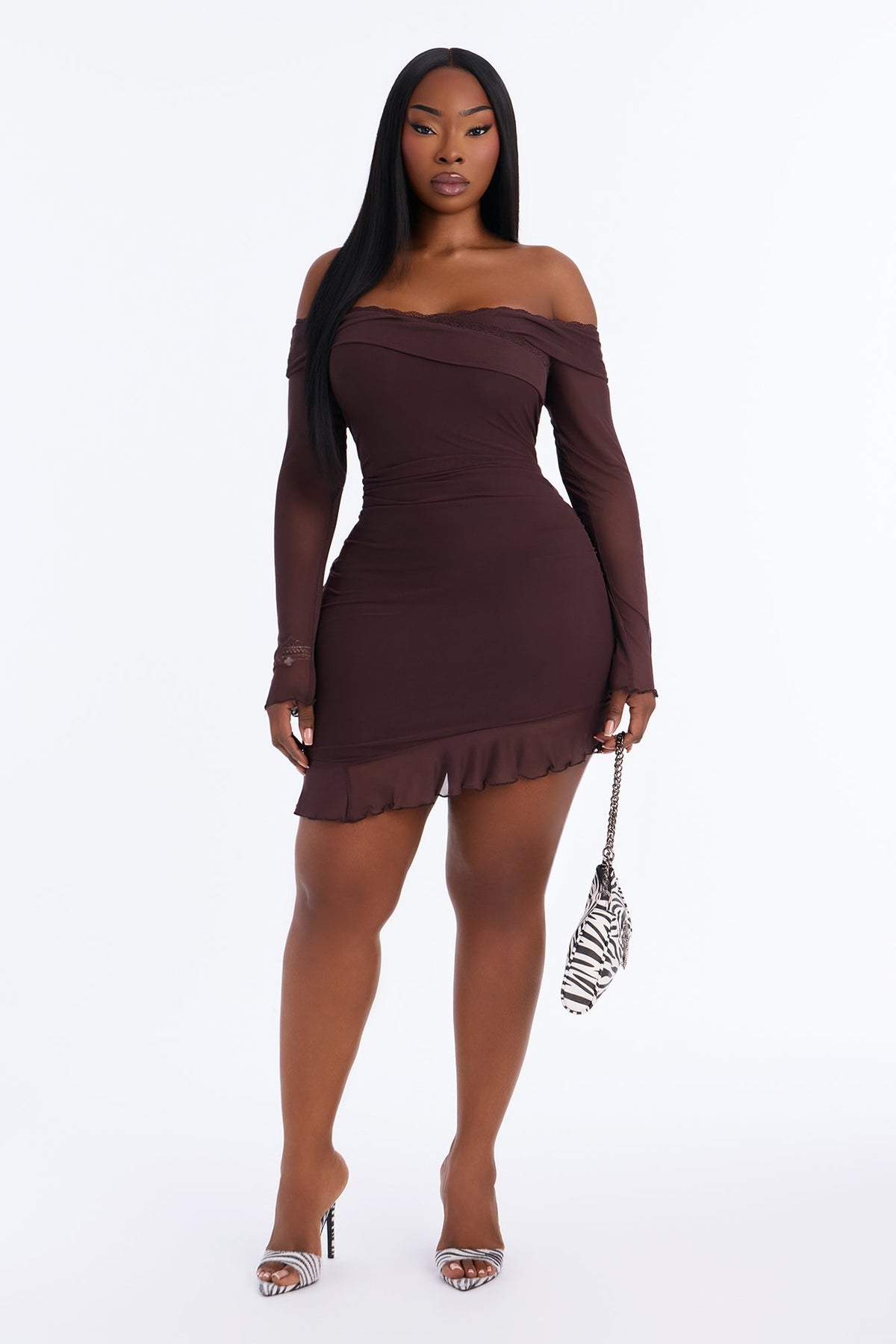 Athena Asymmetrical Mesh Mini Dress - Chocolate