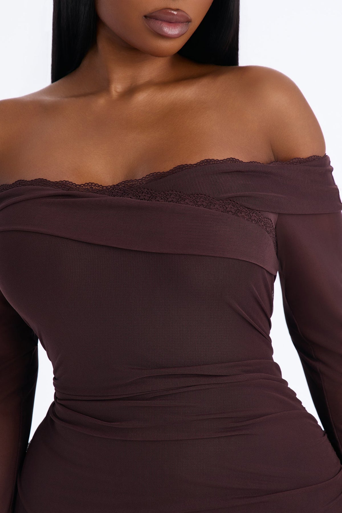 Athena Asymmetrical Mesh Mini Dress - Chocolate