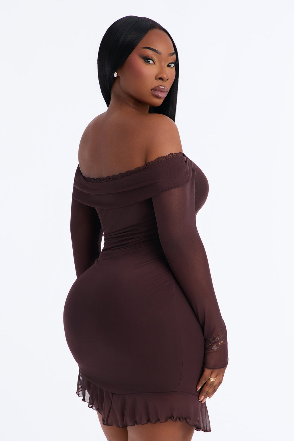 Athena Asymmetrical Mesh Mini Dress - Chocolate