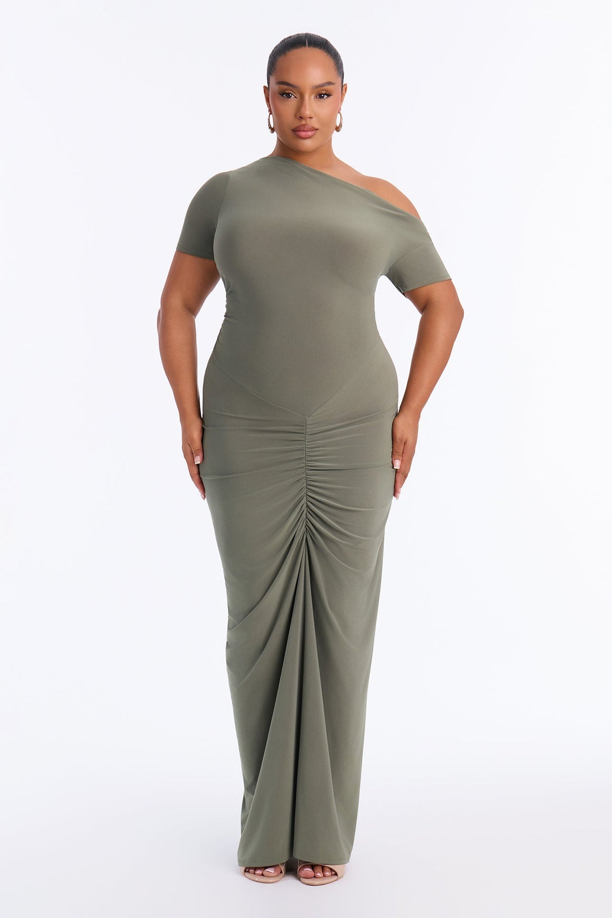 Dani Ruched Off Shoulder Maxi Dress - Olive