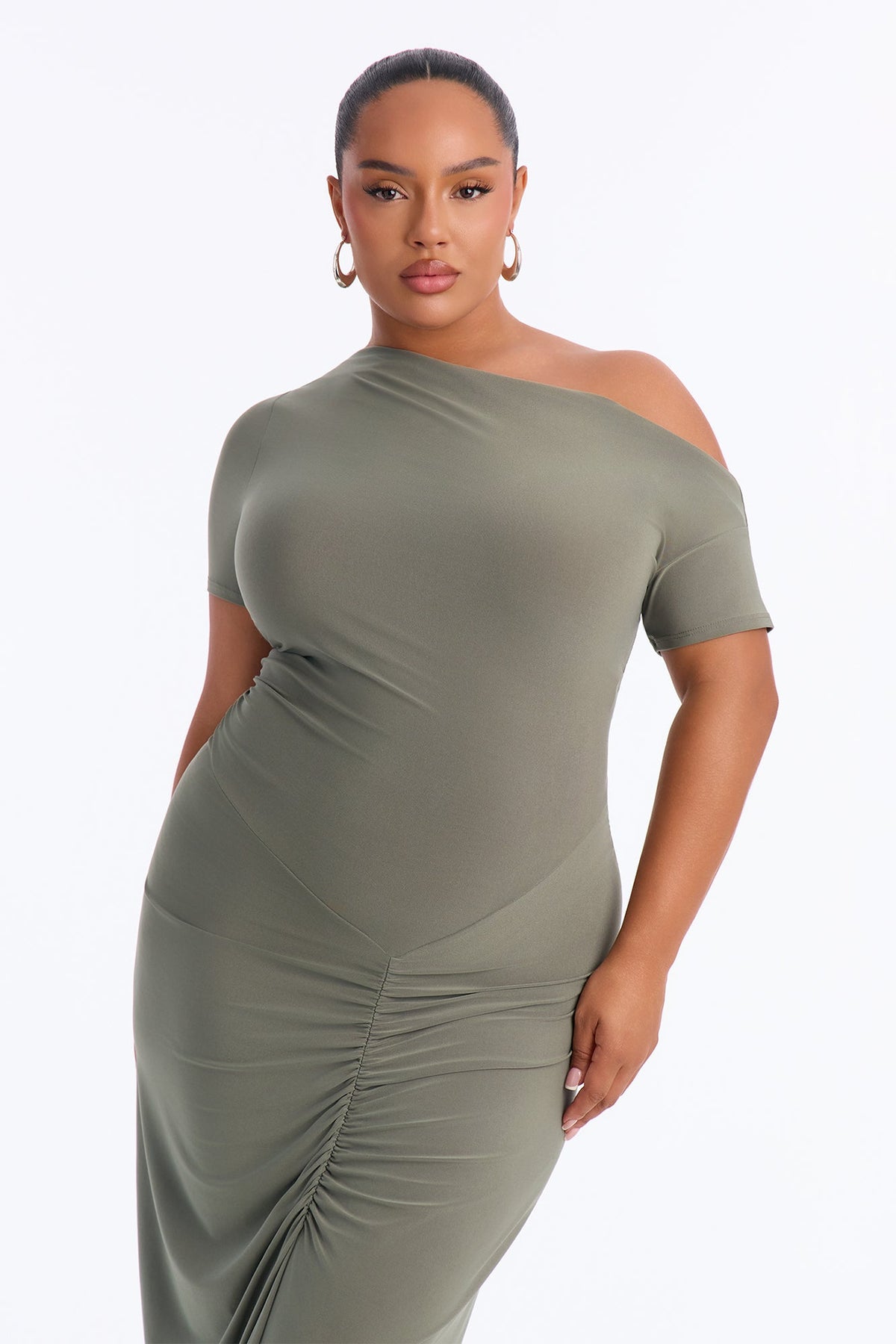 Dani Ruched Off Shoulder Maxi Dress - Olive
