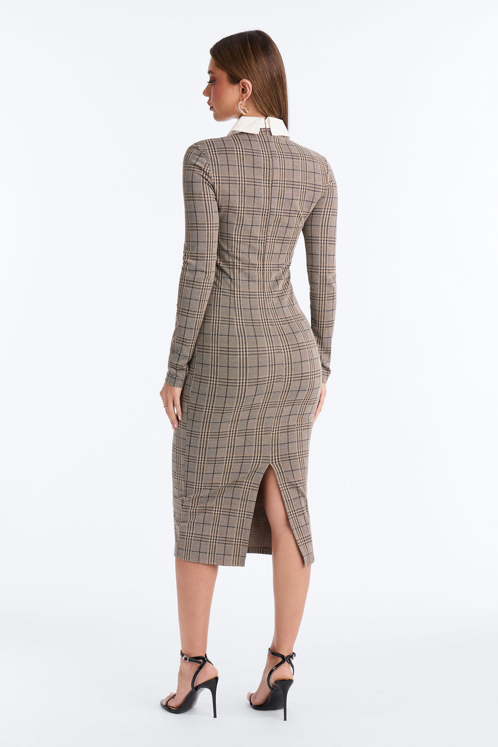 Pretty In Plaid Crepe Collared Long Sleeve Midi Dress - Mocha/combo