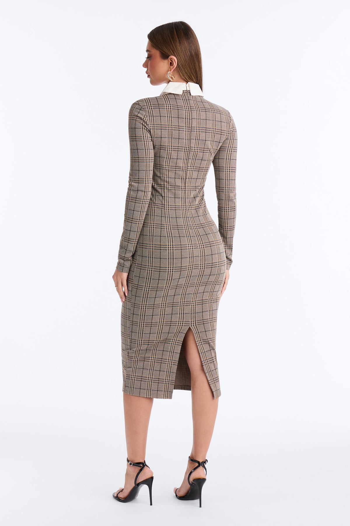 Pretty In Plaid Crepe Collared Long Sleeve Midi Dress - Mocha/combo
