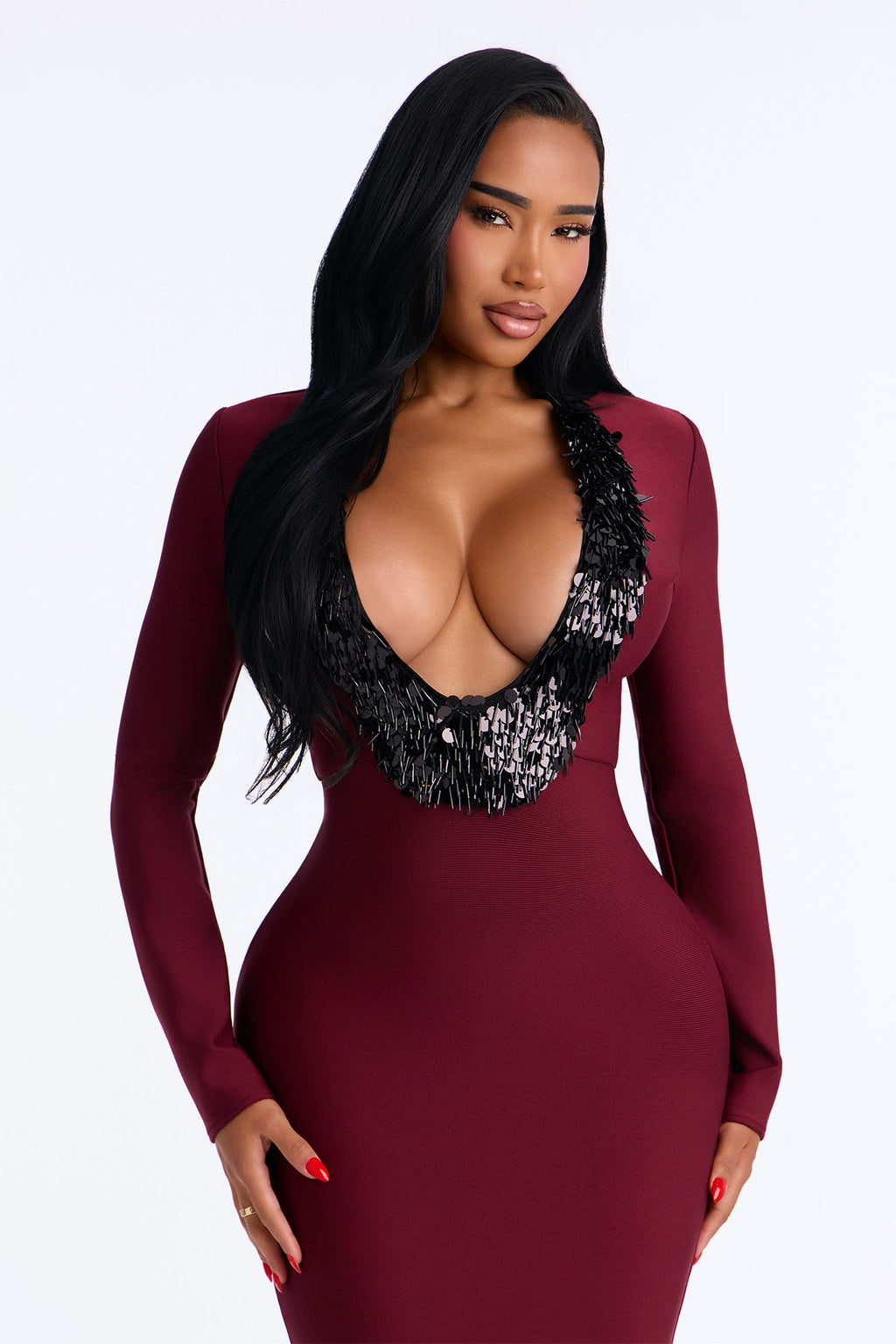 She A Show Off Embellished Bandage Midi Dress - Burgundy