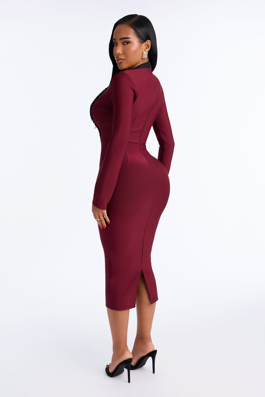 She A Show Off Embellished Bandage Midi Dress - Burgundy