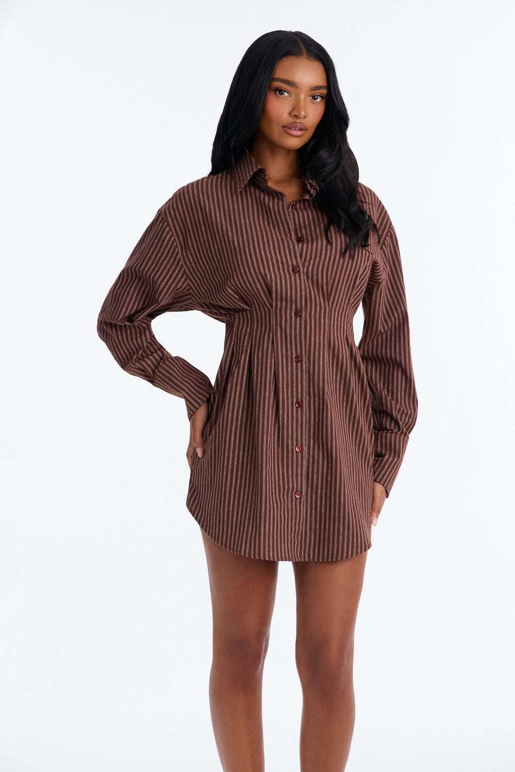 Clean Slate Pinstripe Mini Shirt Dress - Brown