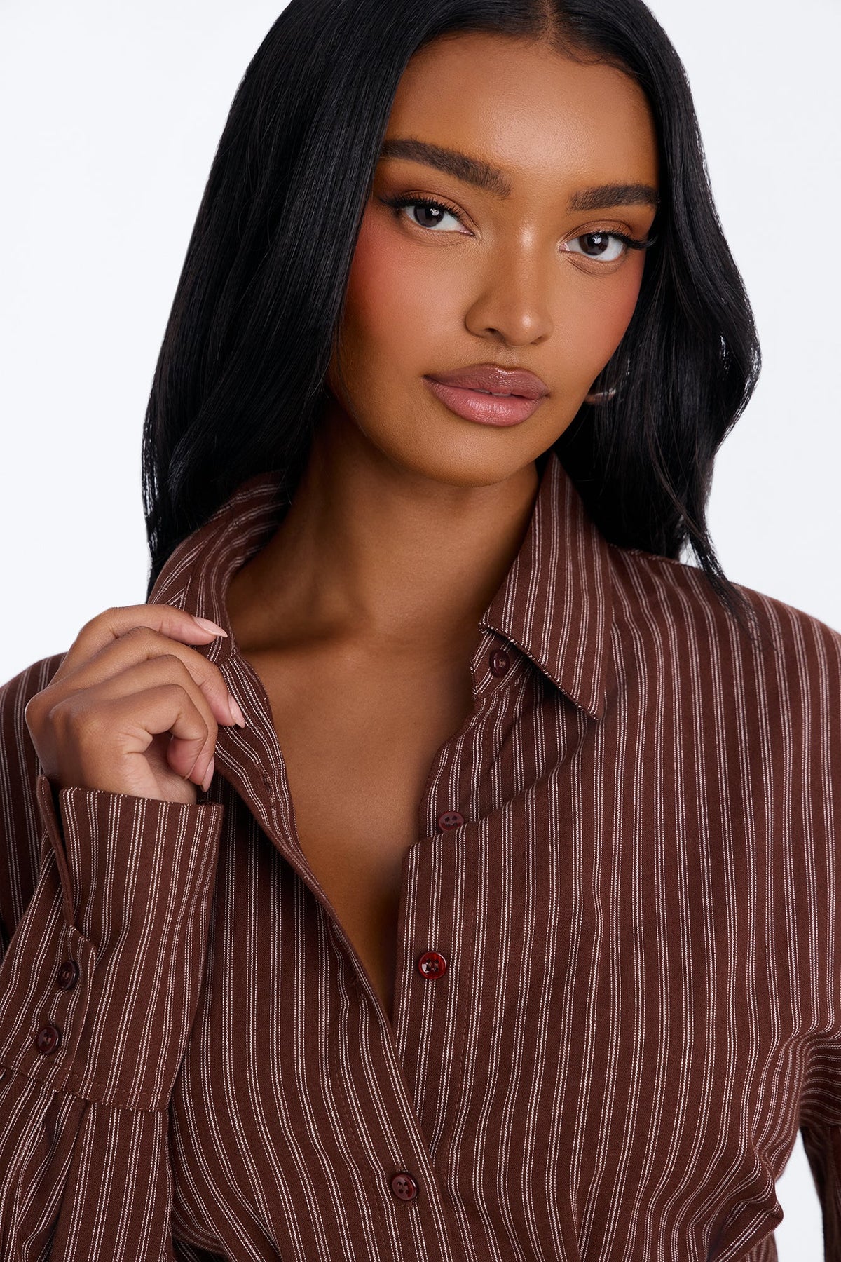 Clean Slate Pinstripe Mini Shirt Dress - Brown