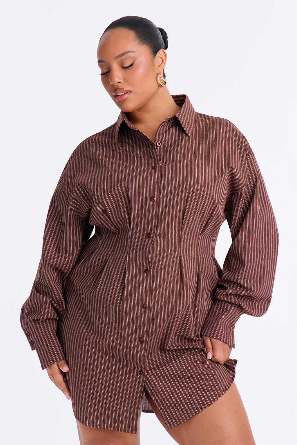 Clean Slate Pinstripe Mini Shirt Dress - Brown