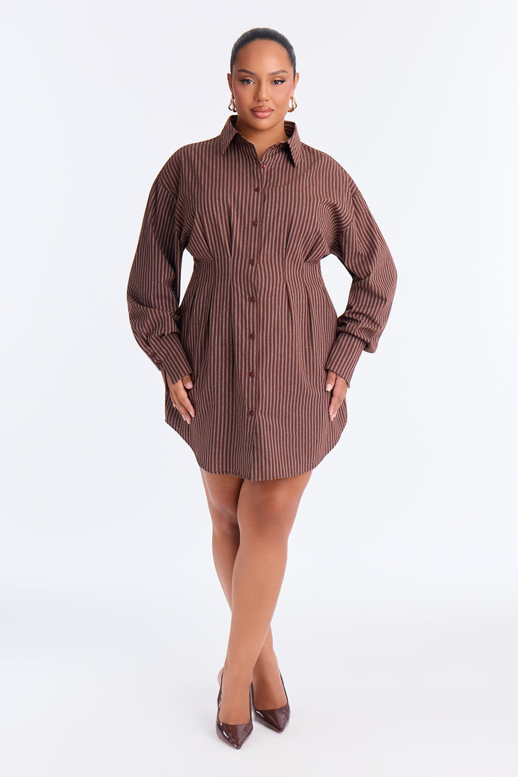 Clean Slate Pinstripe Mini Shirt Dress - Brown