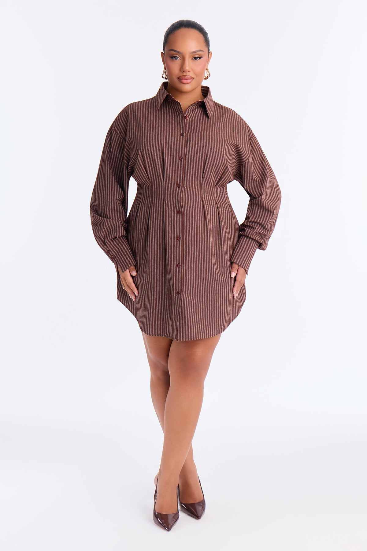 Clean Slate Pinstripe Mini Shirt Dress - Brown
