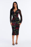 Roselyn Velvet Print Mesh Midi Dress - Black/combo