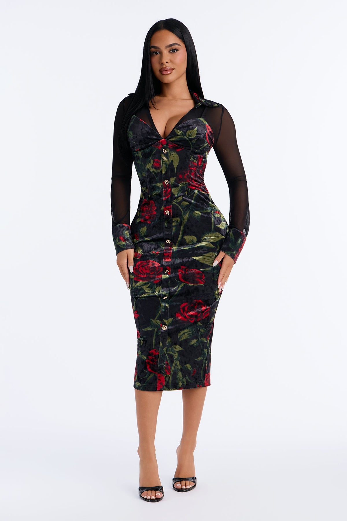 Roselyn Velvet Print Mesh Midi Dress - Black/combo