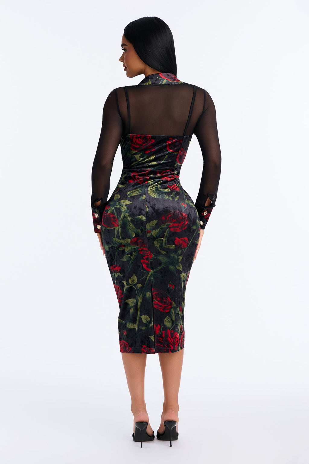 Roselyn Velvet Print Mesh Midi Dress - Black/combo
