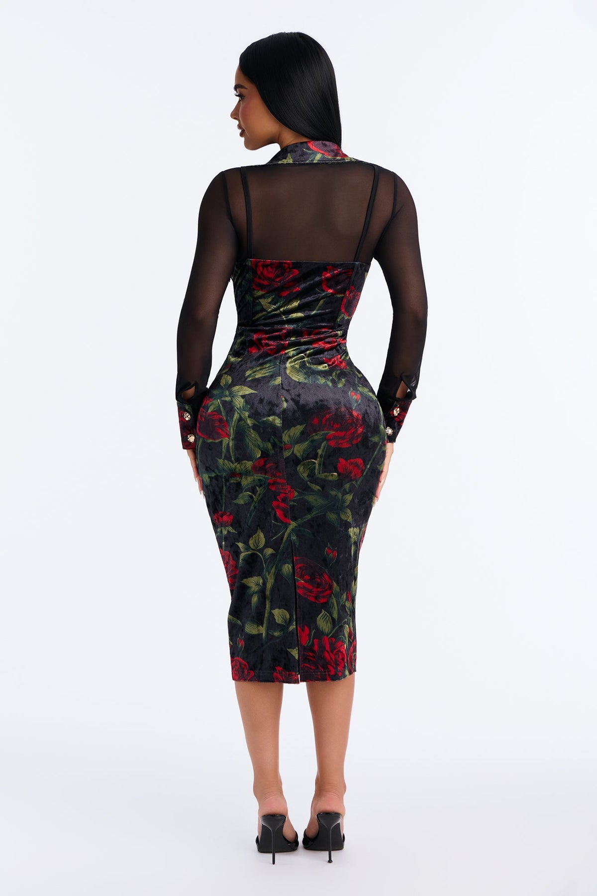 Roselyn Velvet Print Mesh Midi Dress - Black/combo