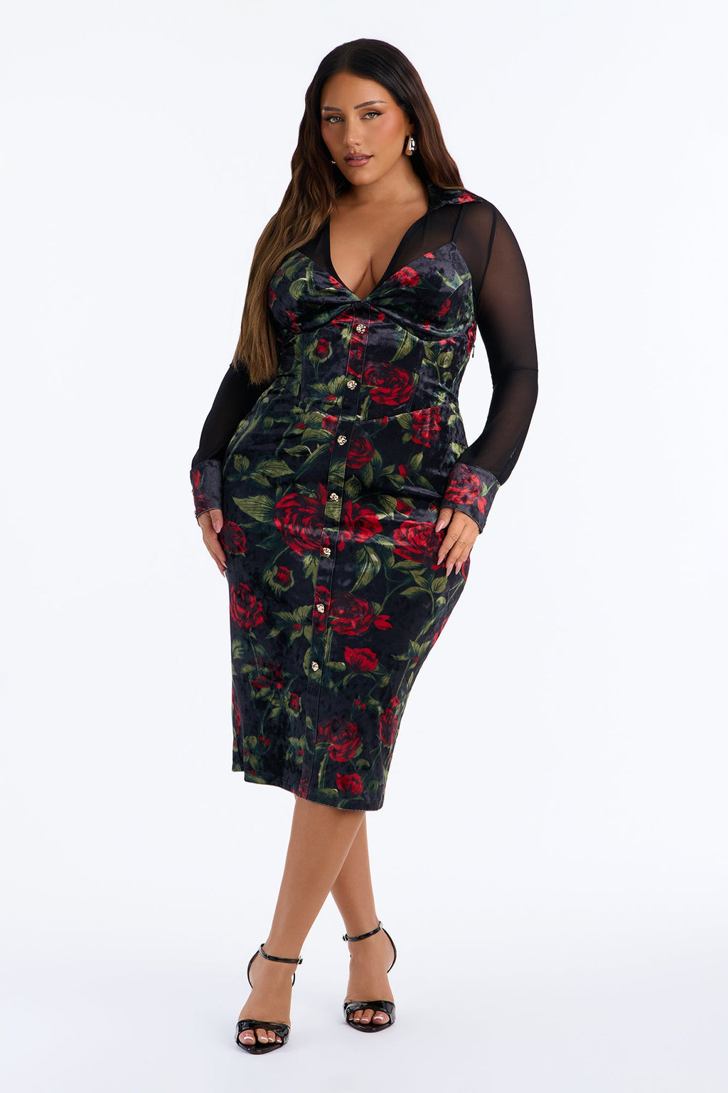 Roselyn Velvet Print Mesh Midi Dress - Black/combo