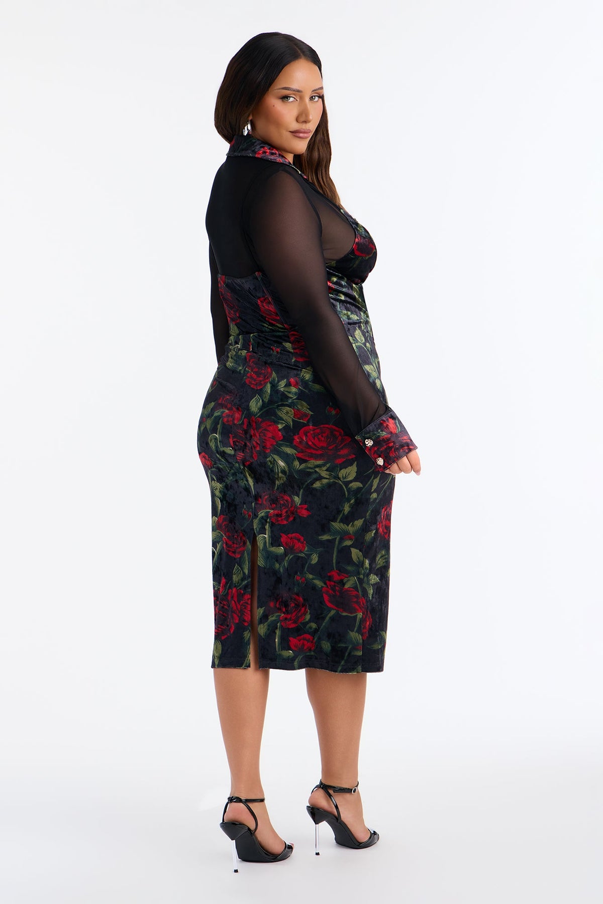 Roselyn Velvet Print Mesh Midi Dress - Black/combo