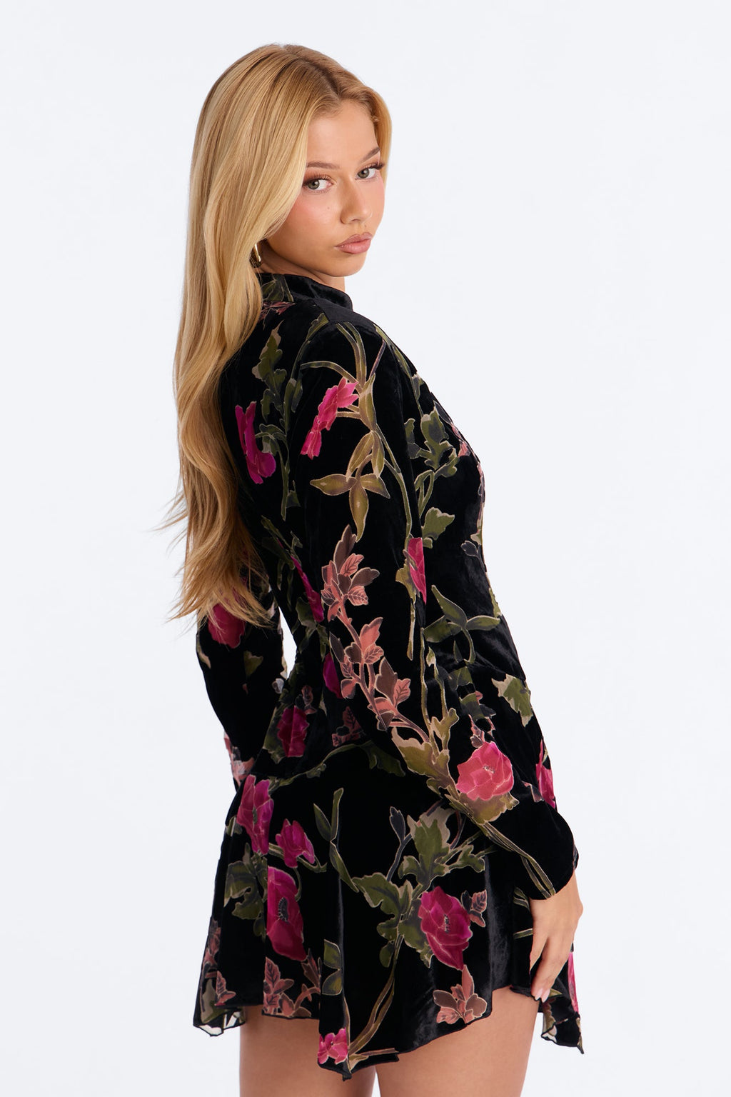 Izabella Floral Velvet Mini Dress - Black/Pink