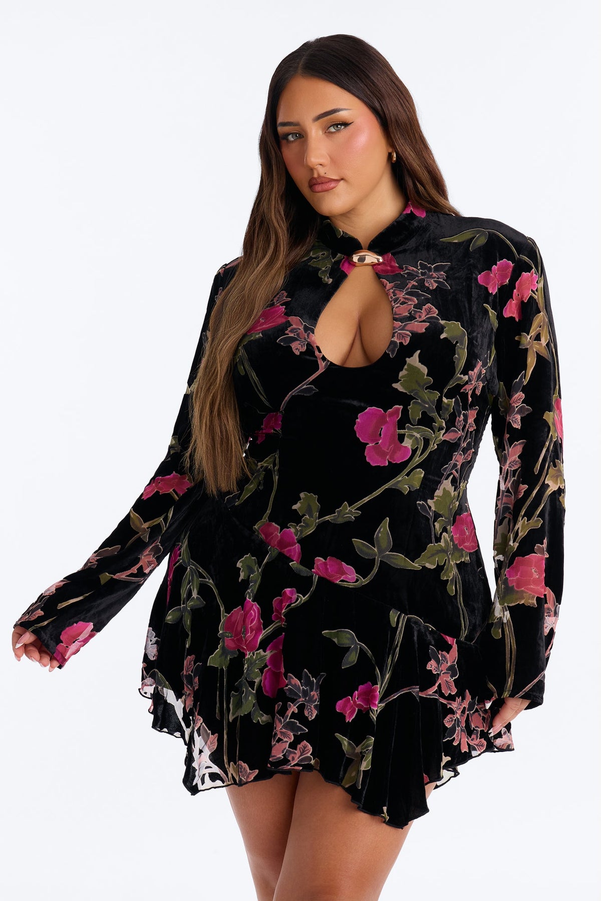 Izabella Floral Velvet Mini Dress - Black/Pink