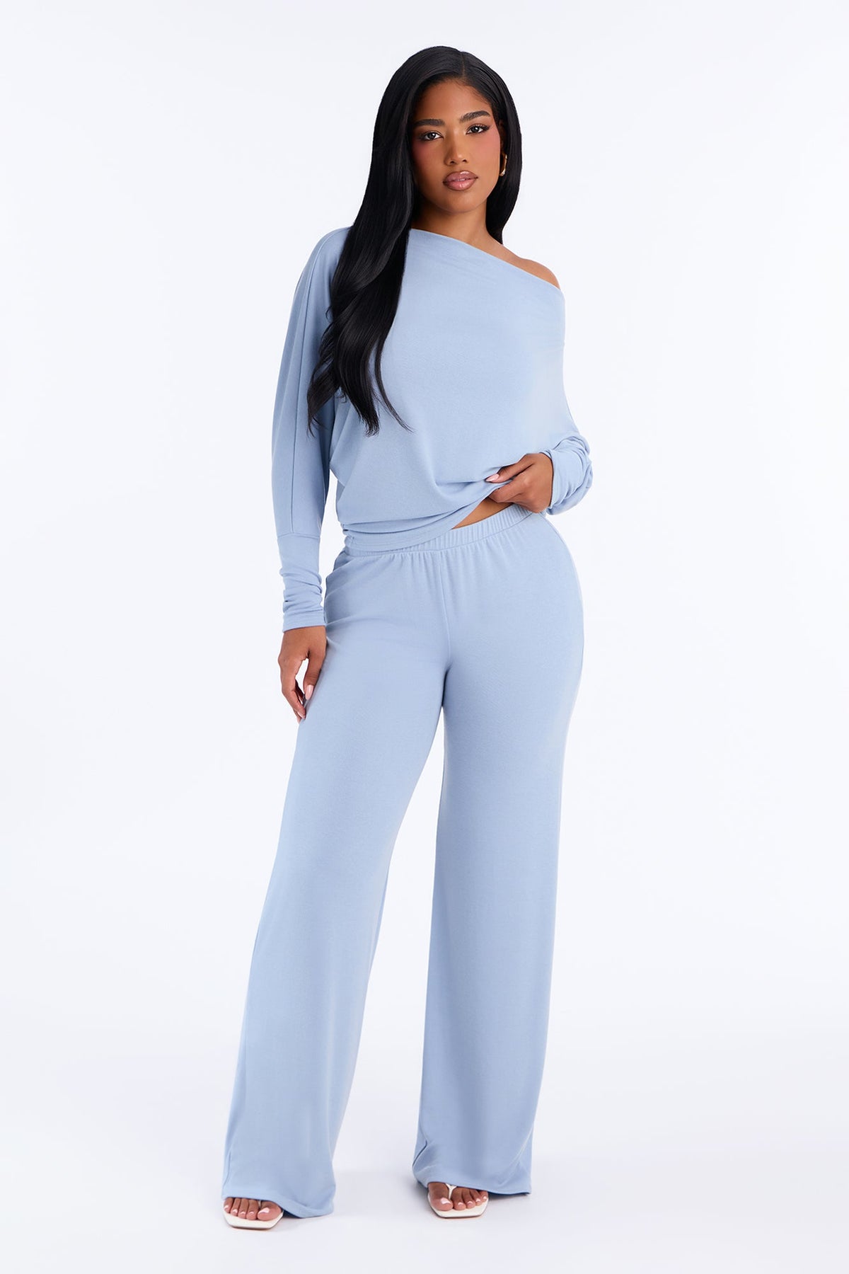 At Ease Off The Shoulder Wide Leg Pant Set - Slate Blue