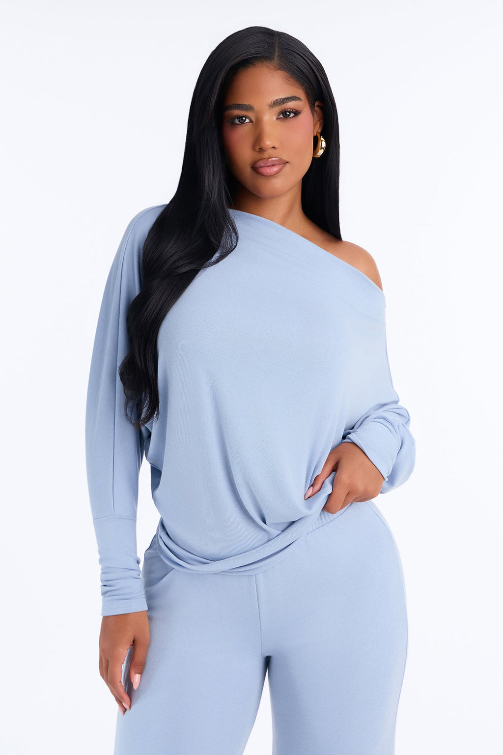 At Ease Off The Shoulder Wide Leg Pant Set - Slate Blue