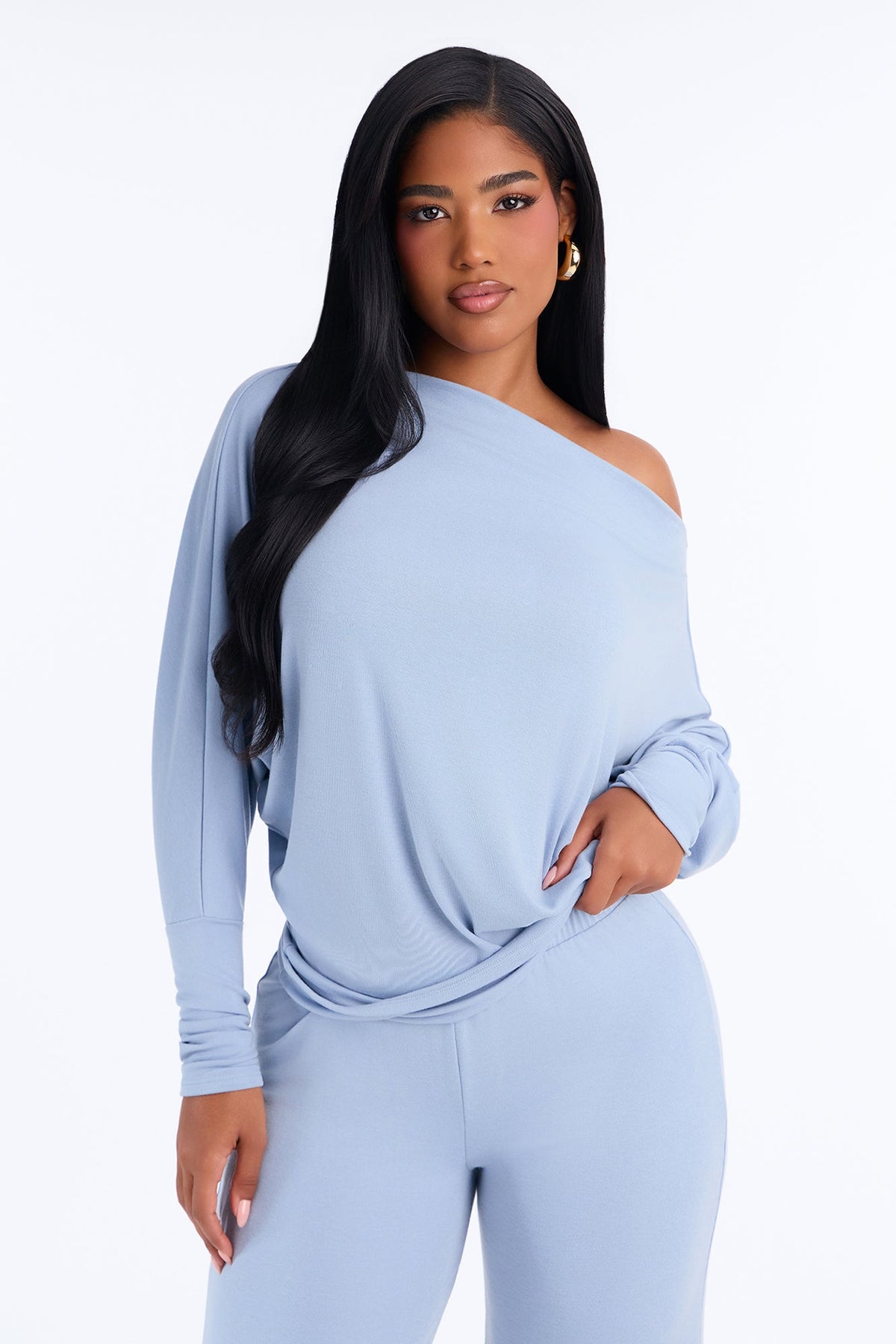 At Ease Off The Shoulder Wide Leg Pant Set - Slate Blue