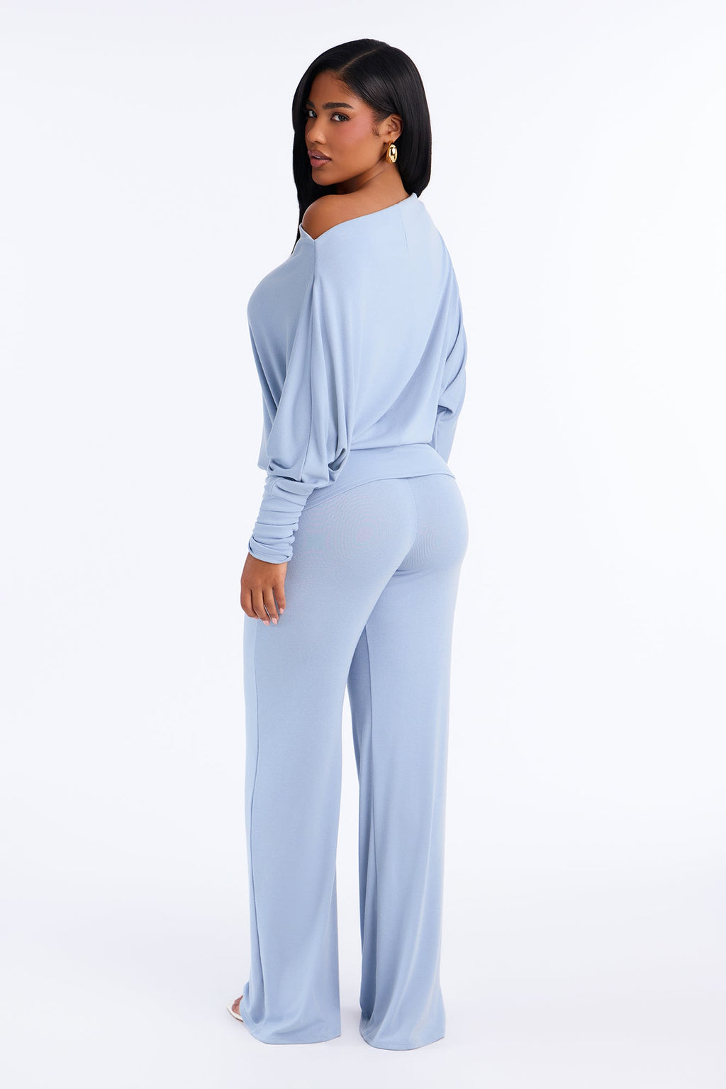 At Ease Off The Shoulder Wide Leg Pant Set - Slate Blue