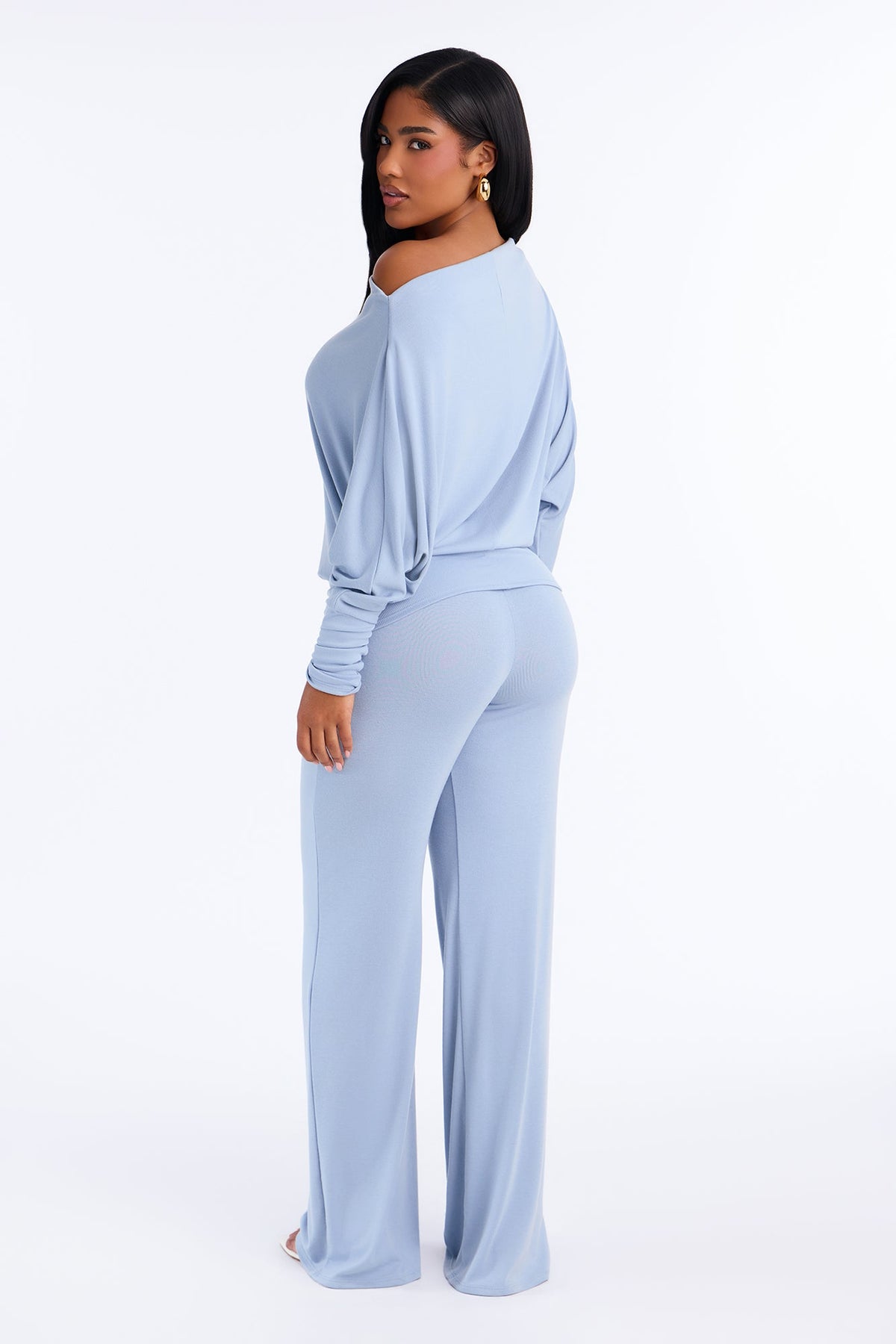 At Ease Off The Shoulder Wide Leg Pant Set - Slate Blue