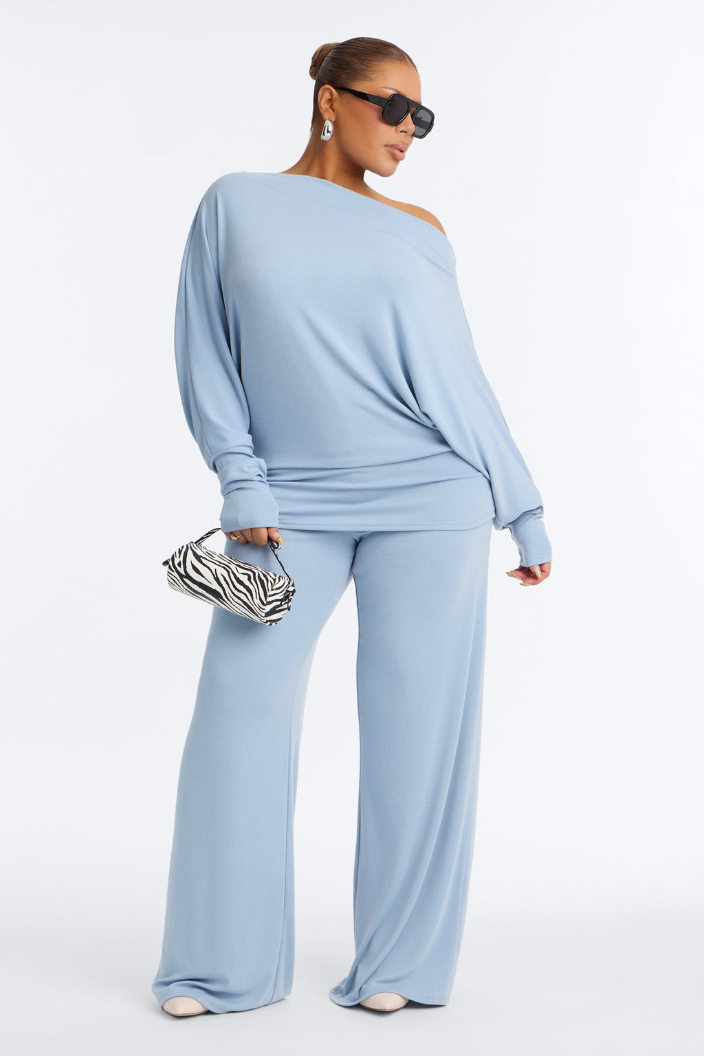 At Ease Off The Shoulder Wide Leg Pant Set - Slate Blue