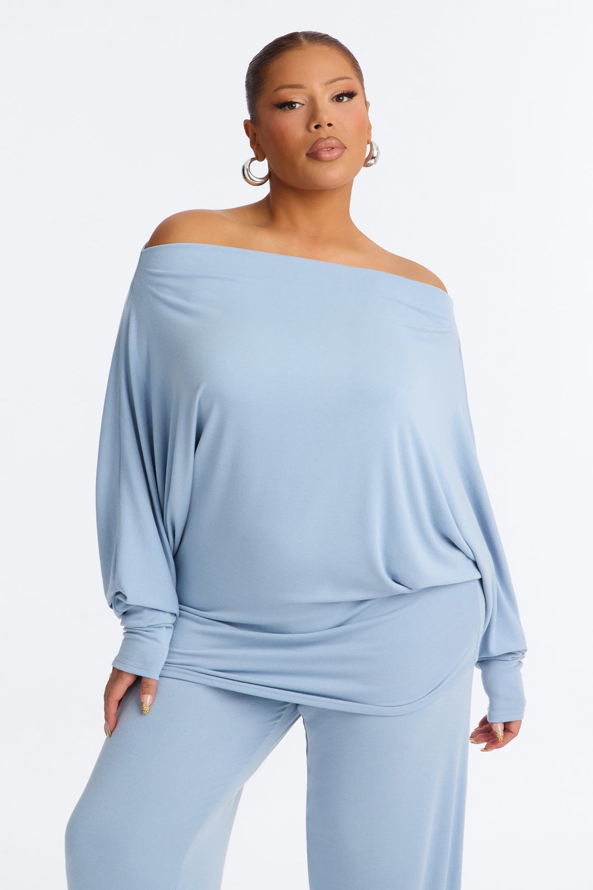 At Ease Off The Shoulder Wide Leg Pant Set - Slate Blue