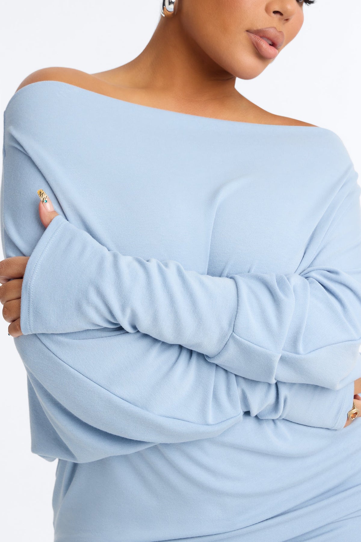 At Ease Off The Shoulder Wide Leg Pant Set - Slate Blue